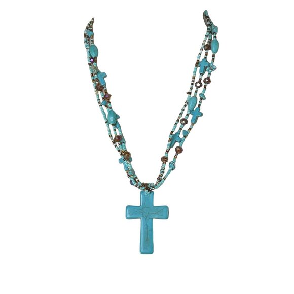 Turquoise Crucifix Cross Stone Necklace Beaded Layered Religious Jewelry u - Picture 1 of 5